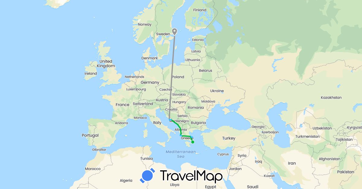 TravelMap itinerary: driving, bus, plane, boat in Albania, Greece, Croatia, Montenegro, Sweden (Europe)
